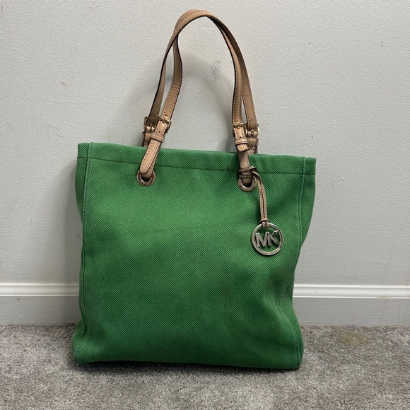 Michael Kors Green Canvas Tote Bag with Leather Straps - Picture 1 of 11